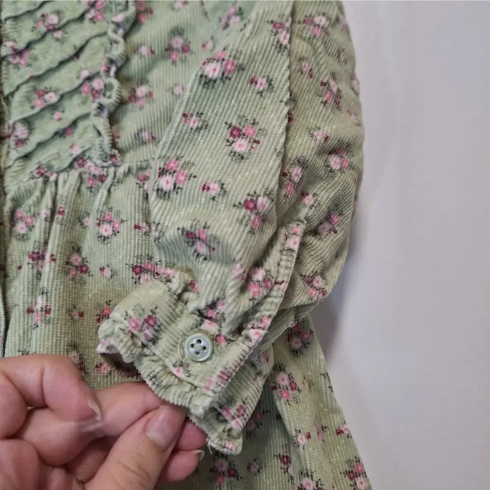 Gymboree Green Floral Corduroy Button Up Dress 3T